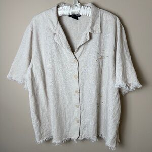 Vintage Linen Blend Camp Shirt Womens 3X Short Sleeve Button Down Top Boxy Beige